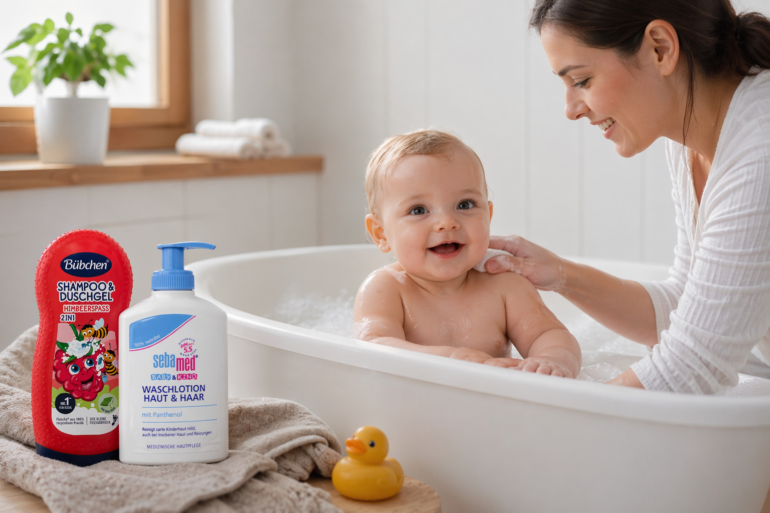 Dětská koupel a šampon pro miminka, jemná péče o dětskou pokožku s bezpečnými produkty
